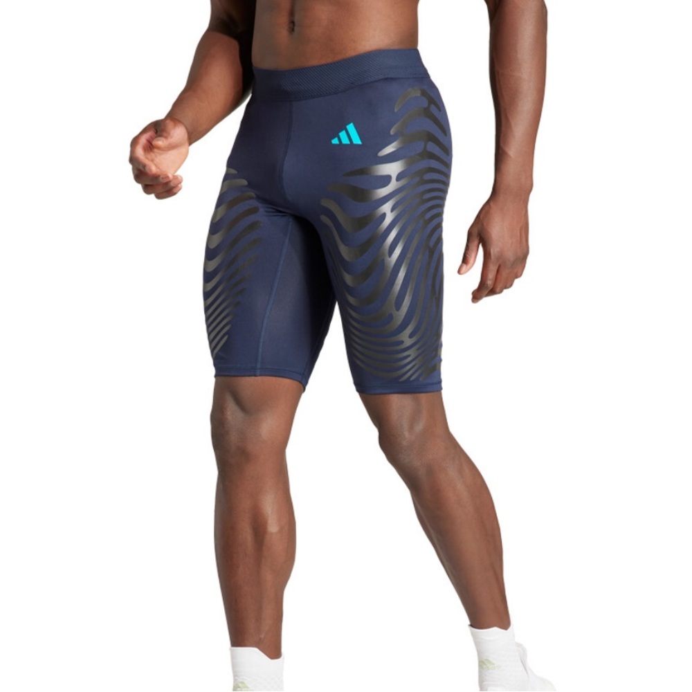 adidas Men's Navy Compression Shorts with Black Graphic and Teal Logo